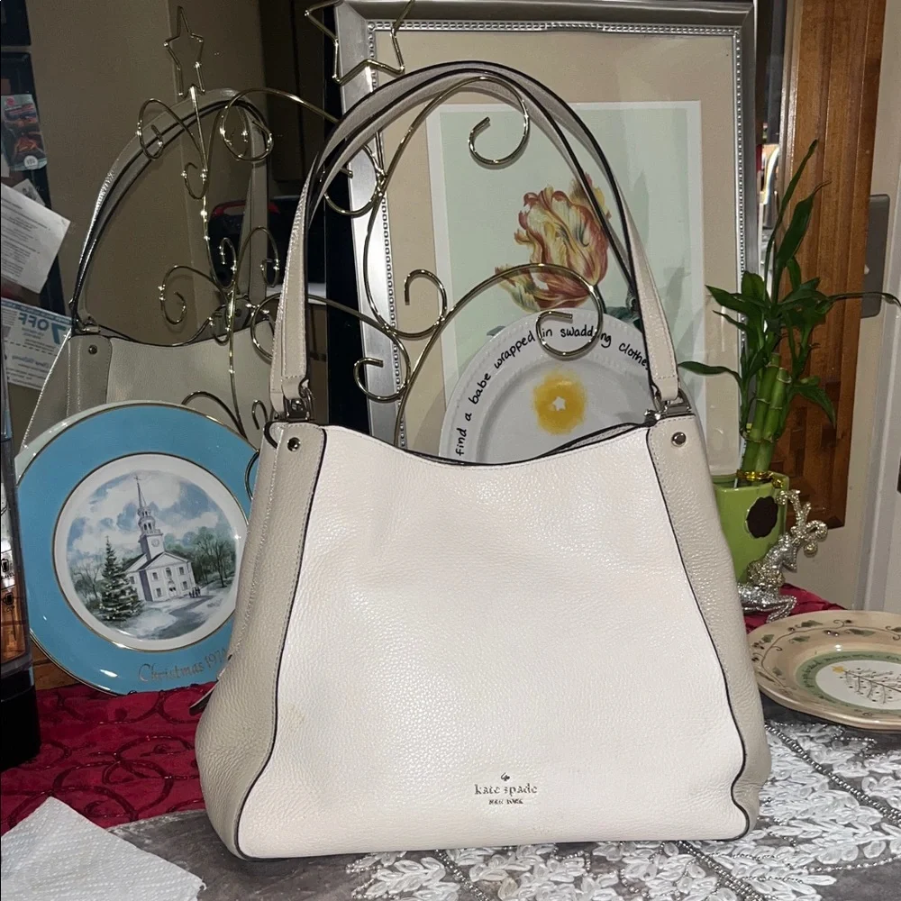 Kate Spade Leila Colorblock Cream and Tan Shoulder Bag Tote 3 Compartment Purse